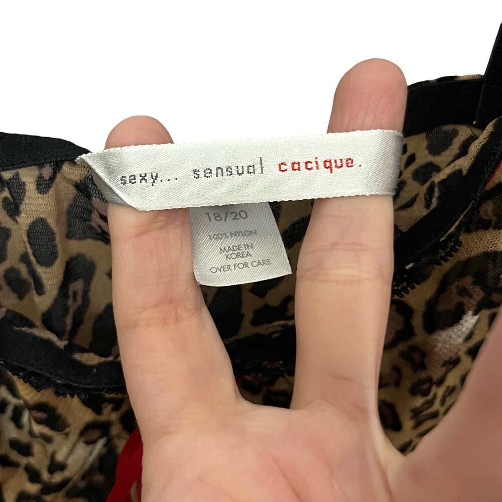 90s VTG Cacique Mesh Leopard Teddy Lingerie 18/20 Sheer Wireless Bow Thong Back - Picture 3 of 5